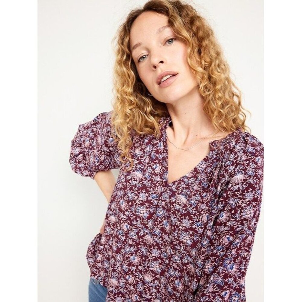 NEW Old Navy Womens XL Floral Ruffled Split Neck Top Long Sleeve‎ Blouse Shirt